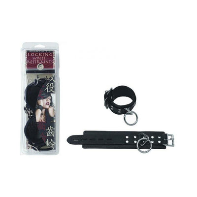 Black leather wrist restraints with faux fur lining and metal D-rings, shown both packaged and unpackaged.