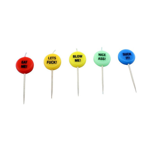 Set of five colorful adult party candles with playful sayings on round tops and wooden sticks.