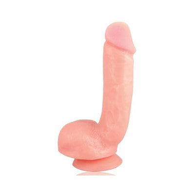Natural-colored realistic dildo with suction cup base and detailed texture, standing upright on a white background.