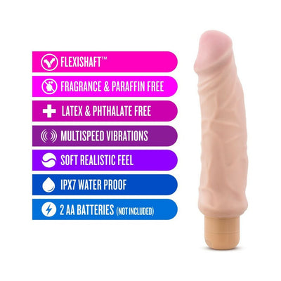 Beige 9-inch waterproof vibrator with multi-speed vibrations and soft, realistic feel, highlighting key features and battery info.