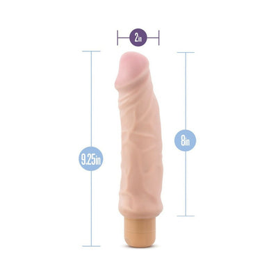 Beige 9.25-inch waterproof vibrator with realistic texture and 2-inch diameter, shown with size measurements.