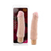 Beige 9-inch waterproof vibrating dildo with realistic texture shown in packaging and standalone.