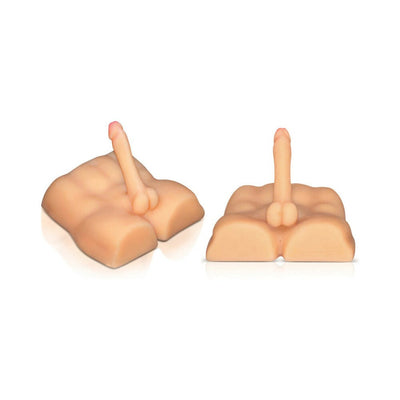 Beige flexible life-sized male torso with realistic penis and anal entry shown from two angles on white background.