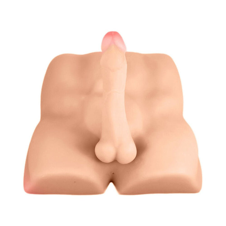 Beige life-sized flexible male torso with realistic penis and anal entry for intimate use.