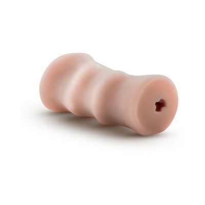 Beige palm-sized textured male stroker with open-ended design made from soft, realistic X5 Plus TPE material.