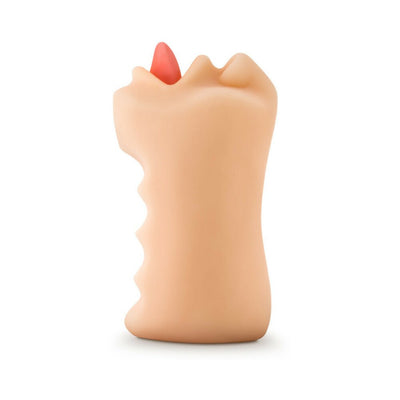 Compact beige oral stroker with a textured exterior and a red tongue detail on a white background.