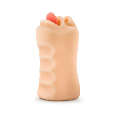 Compact beige TPE mouth stroker with a realistic tongue detail and ergonomic grip design.