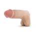 Beige 7-inch realistic vibrating dildo with cock and ball design on white background.
