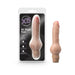 Beige realistic flexible vibrator with multi-speed vibrations shown in packaging and standalone on white background.