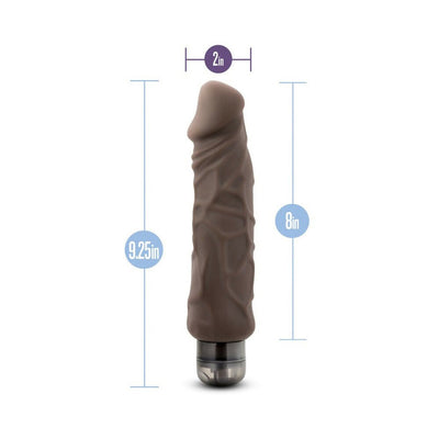 Brown realistic textured vibrating dildo with 9.25-inch length and 2-inch diameter measurements shown.