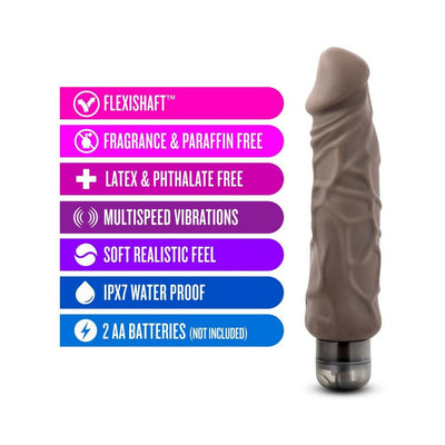 Brown 9-inch realistic vibrating dildo with multi-speed function and waterproof design, shown with key feature icons.