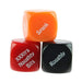 Three colorful dice for an adult game with words like Spank, XXXtra Naughty Bits, and Roughly on each side.