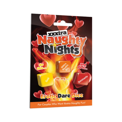 Package of XXXtra Naughty Nights Erotic Dare Dice game with fiery heart design and three colorful dice showing playful actions and prompts.