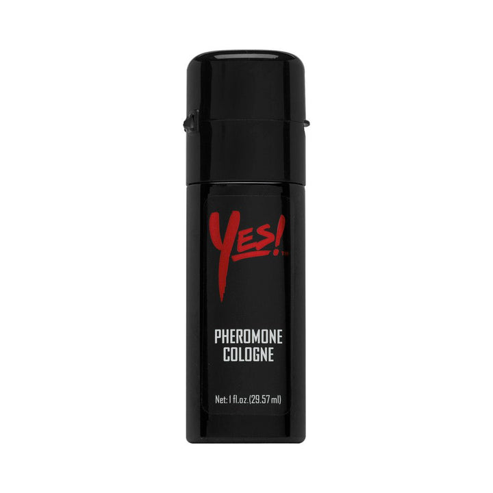 Black 1 fluid ounce bottle of Yes! Pheromone Cologne for men with red and white text on the label.