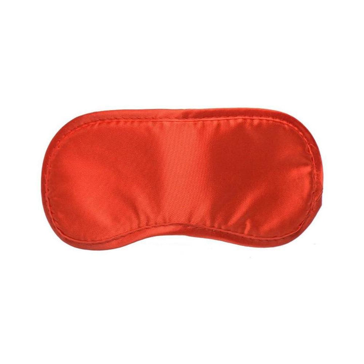 Red satin blindfold with elastic strap designed for comfortable sensory play.