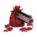 Red fabric rose petals in a sheer red drawstring bag with a romantic "You & Me" tag.