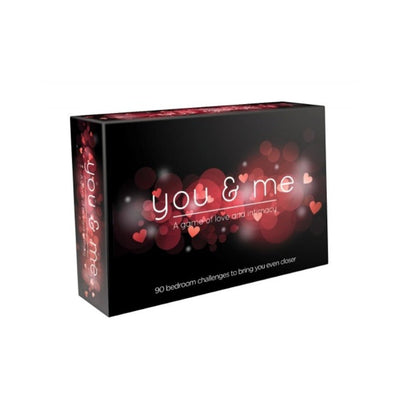 You & Me couples card game box with romantic heart design and text highlighting 90 bedroom challenges for intimacy and connection.