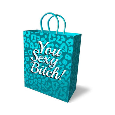 Teal blue gift bag with glitter leopard print and bold silver foil "You Sexy Bitch!" text, 10 inches tall with matching handles.