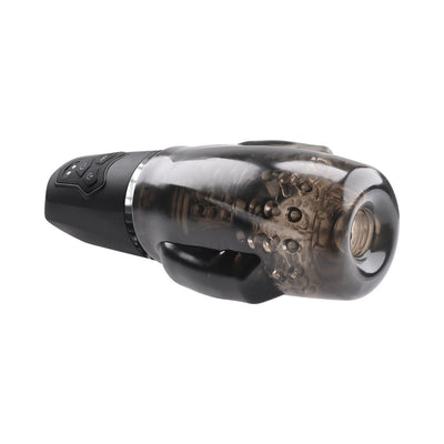 Black smoke rechargeable vibrating stroker with textured inner chamber and control buttons on handle.