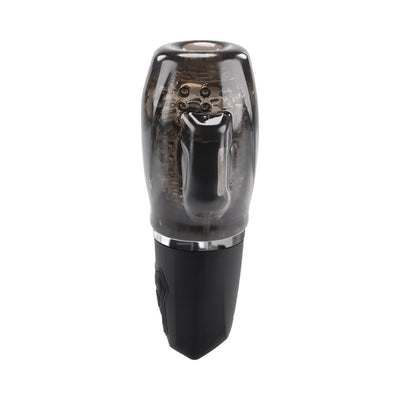 Black smoke rechargeable vibrating stroker with textured inner chamber and ergonomic control base.