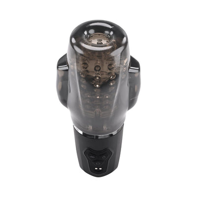 Black smoke rechargeable vibrating stroker with textured inner chamber and control buttons on the base.