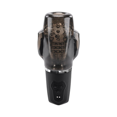 Black smoke vibrating stroker with textured inner chamber and control buttons on the handle.
