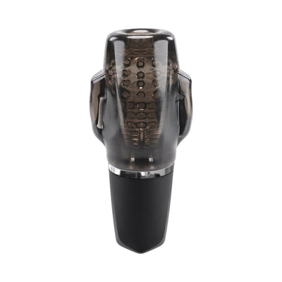 Black smoke translucent vibrating stroker with textured inner chamber and ergonomic black base.