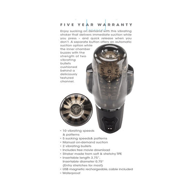 Black smoke vibrating stroker with textured inner chamber and control buttons, shown with product features and warranty text.