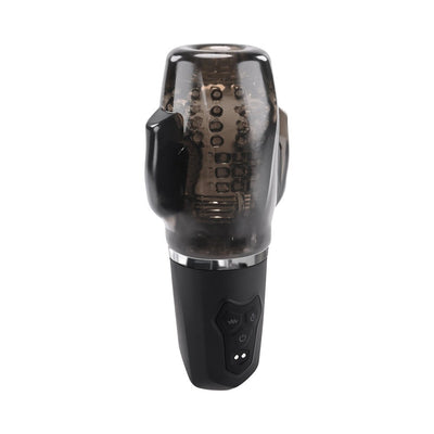 Black smoke rechargeable vibrating stroker with textured inner chamber and control buttons on the handle.