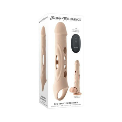 Zero Tolerance Big Boy Extender silicone vibrating penis extender with remote control and peek-a-boo holes in packaging box.