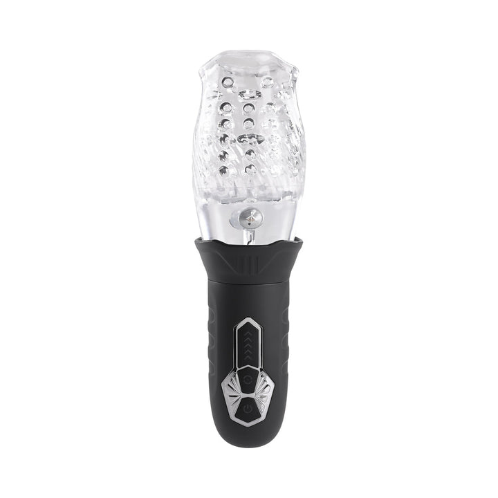 Zero Tolerance Cyclone rechargeable stroker with clear textured sleeve and black ergonomic handle with control buttons.