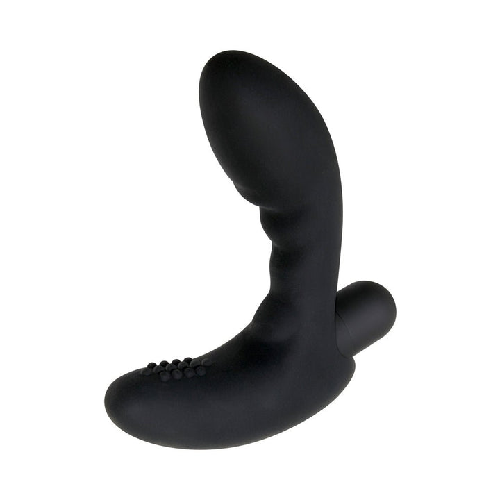 Black ergonomic prostate massager with textured base and smooth curved design for targeted stimulation.