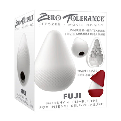 White Zero Tolerance Fuji Stroker with textured interior and red travel case shown on product packaging.