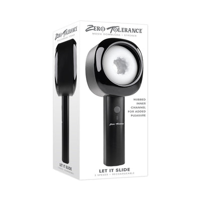 Zero Tolerance Let It Slide rechargeable stroker in black with nubbed inner channel and ergonomic handle shown on packaging.
