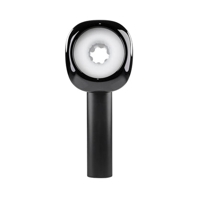 Black rechargeable stroker with ergonomic handle and textured white inner sleeve, designed for easy grip and cleaning.