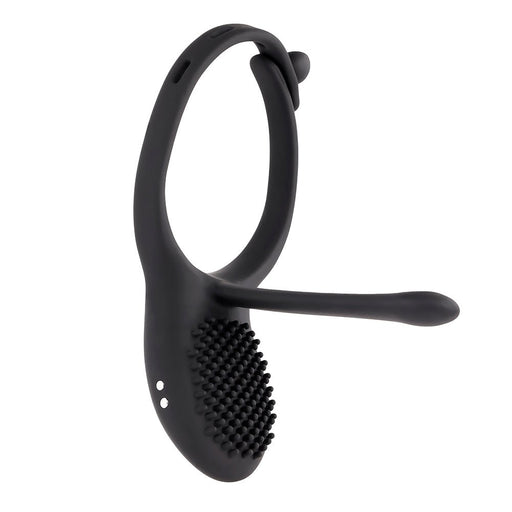 Black adjustable silicone vibrating cock ring with textured stimulator and flexible stem, shown on white background.