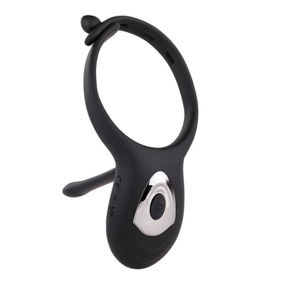 Black adjustable silicone vibrating cock ring with nubbed stimulator and chrome-finished control button.