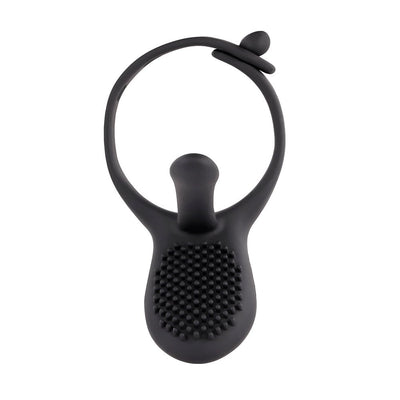 Black adjustable silicone vibrating cock ring with textured stimulator and flexible stem, designed for remote control use.
