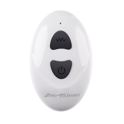 White oval remote control with two black buttons and Zero Tolerance logo for adjustable vibrating cockring