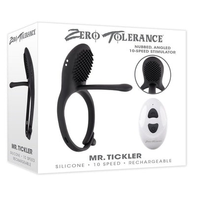 Zero Tolerance Mr. Tickler adjustable black silicone vibrating cockring with nubbed stimulator and white remote control on packaging box.
