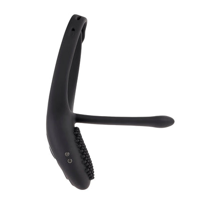 Black adjustable silicone vibrating cockring with nubbed stimulator and long flexible stem, side view.