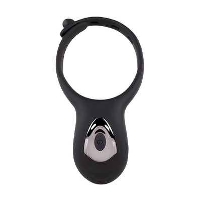 Black adjustable silicone vibrating cock ring with remote control and chrome-finished power button.