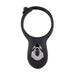 Black adjustable silicone vibrating cock ring with remote control and chrome-finished power button.
