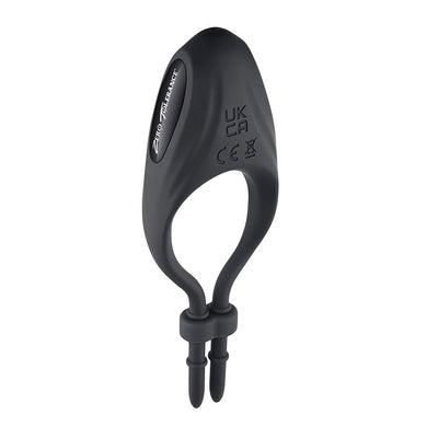 Black adjustable silicone vibrating lasso cockring with dual tail lock and smooth ergonomic design.