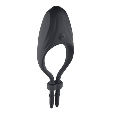 Black rechargeable silicone vibrating adjustable lasso cock ring with dual tail lock and smooth finish.