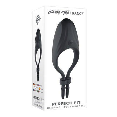 Black rechargeable silicone vibrating adjustable lasso cockring with secure notch closure shown on white packaging box.