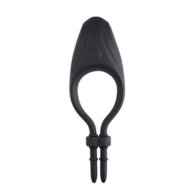 Black rechargeable silicone vibrating adjustable lasso cockring with dual tail locking mechanism.