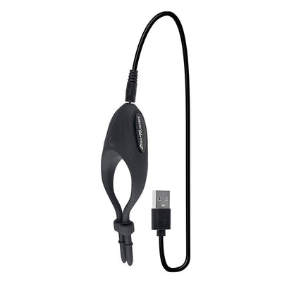 Black rechargeable silicone vibrating adjustable lasso cockring with USB charging cable on white background.
