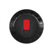 Top view of black ergonomic stroker cap with red rectangular button on white background