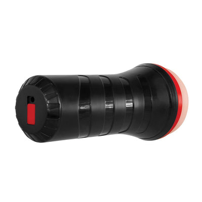Black ergonomic stroker with soft pink entry and red accent ring, designed for easy grip and realistic feel.